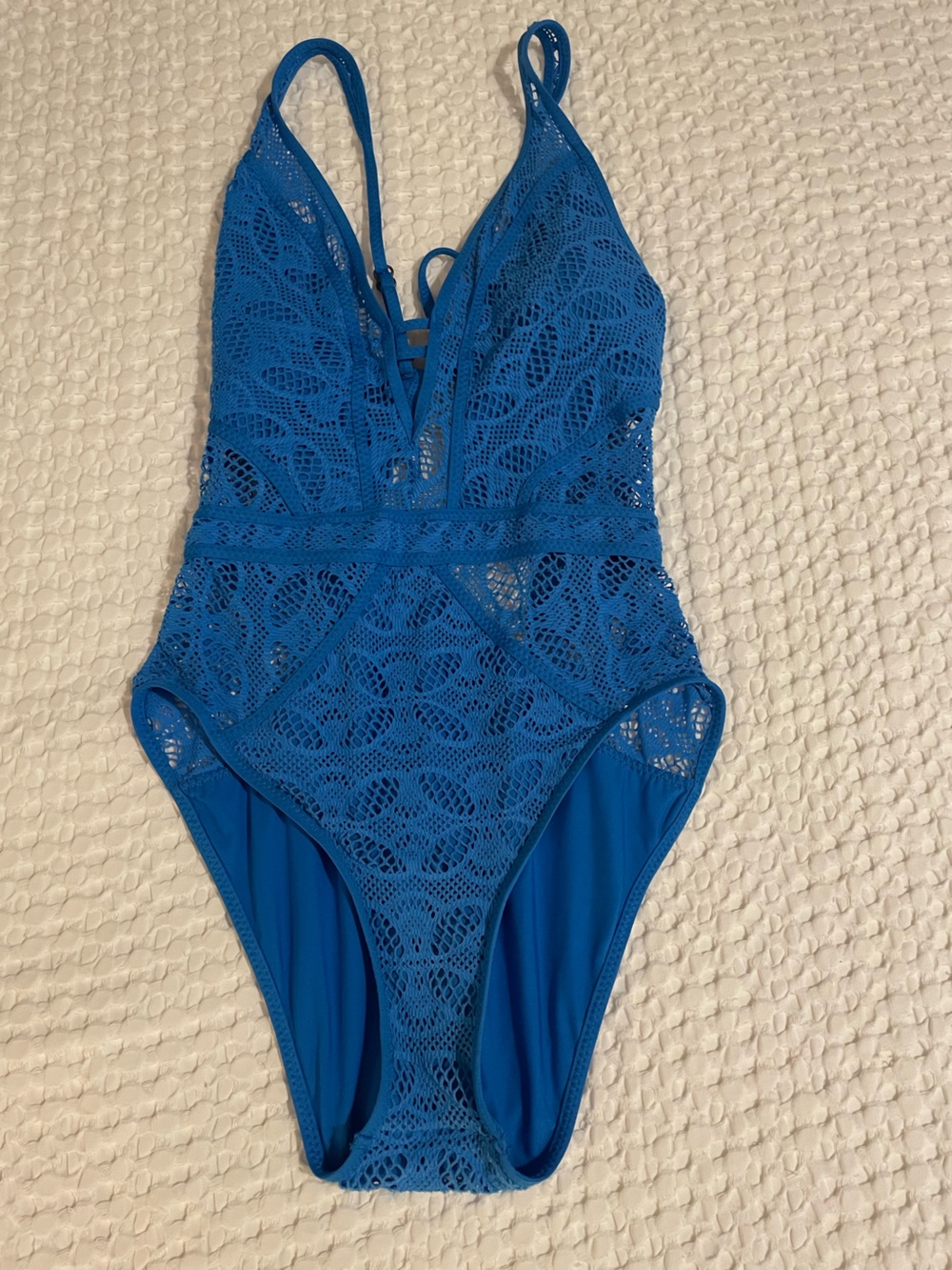 BECCA Blue Crochet One-Piece Swimsuit Size Large